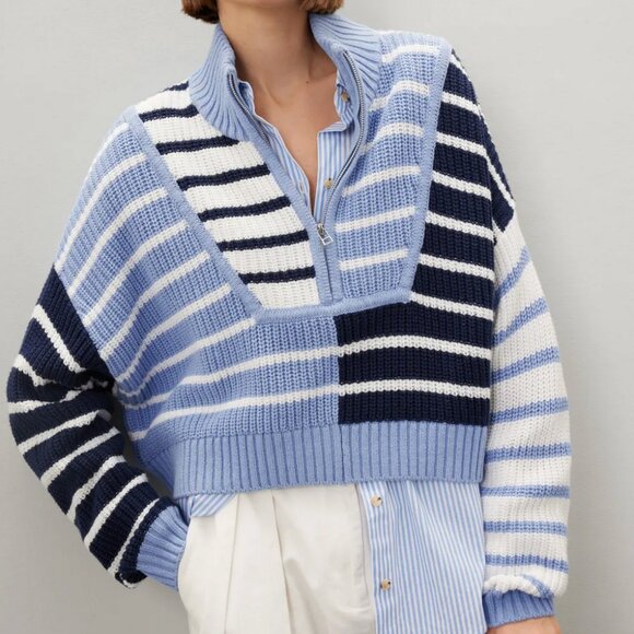 STAUD Striped Cowl Sweater in Blue and White - Picture 3 of 10